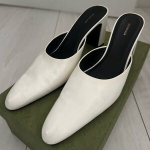 Balenciaga Block Heel Mules In White Patent Leather Heels Pumps